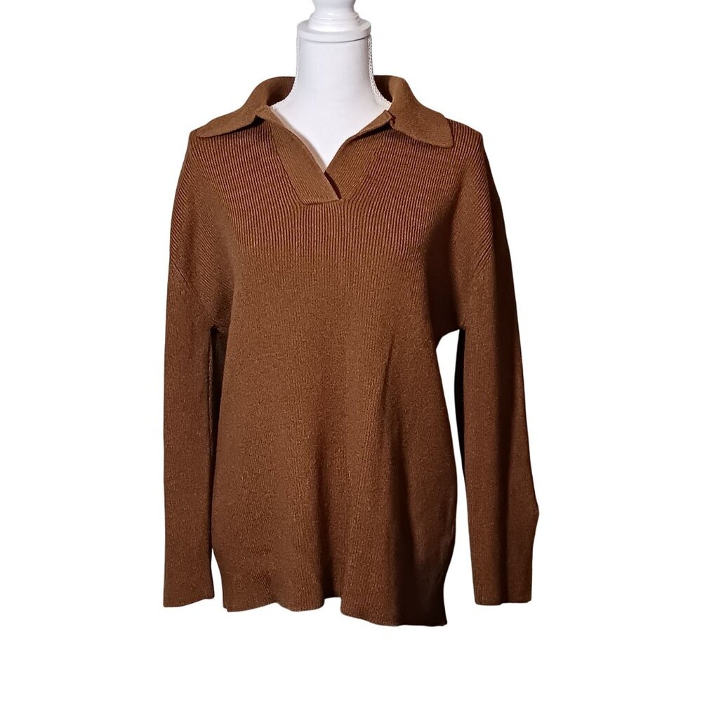 Zara Collard V-Neck Sweater with Split Sleeves Tan Brown Size S Longer length